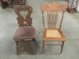 Pair of antique chairs - mid 1800's heavily carved Chinese chair & oak americana cane seat chair