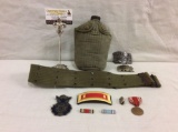 U.S. Military canteen w/belt + 6 badges/patches + desert storm & USN belt buckle