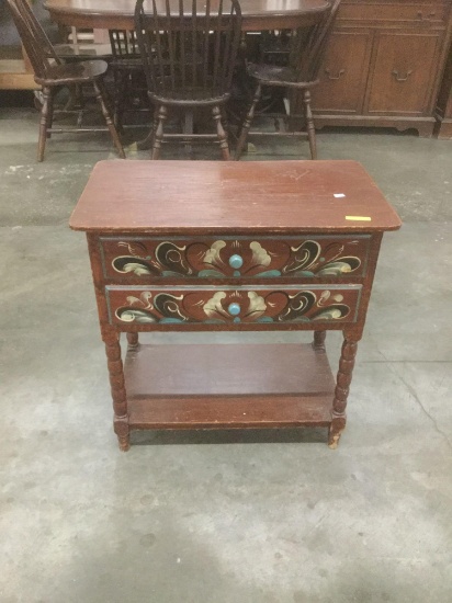 Vintage hand painted wooden two drawer nightstand