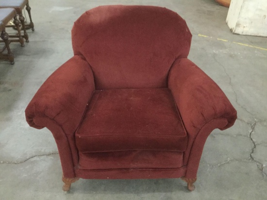 Vintage red overstuffed armchair in fair to poor condition see pics as is