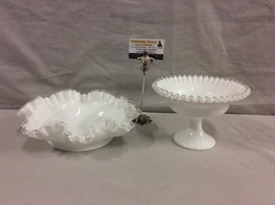2 pieces of vintage ribbon/ruffled edge milk glass - large bowl & elevated bowl