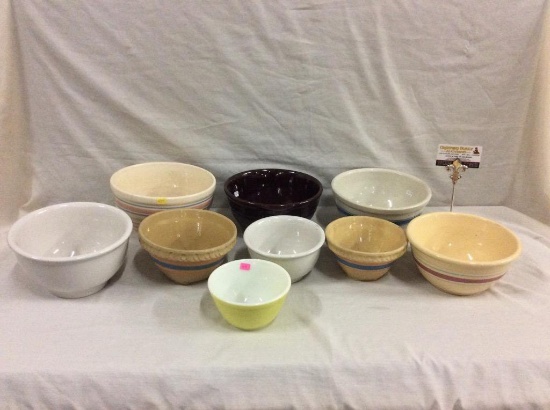 Set of 9 vintage ceramic and glass mixing bowls by Pyrex, Marcrest, etc - see pics