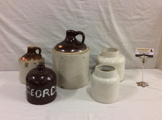 5 vintage and antique stoneware crocks and growlers in various cond - one marked "George"