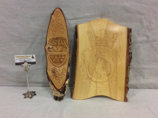 2 hand carved sliced wood wall hangings - Hungarian Unitarian crest & Erdely, Hungarian for