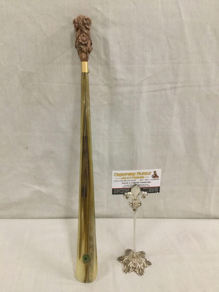 brass shoe horns long handles on Vintage Shoehorn W Carved Wood Flower Handle Made In Italy Original Estate Personal Property Personal Property Online Auctions Proxibid