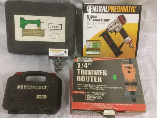 4 tools in cases- pneumatic nailer, bearing puller, pneumatic 18 gauge stapler & 1/4" trimmer router