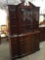 Vintage flame mahogany English style breakfront curio with classic hardware & key - as is