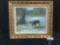 Moose mother & calf original oil painting on canvas with gilded wood frame - signed by artist