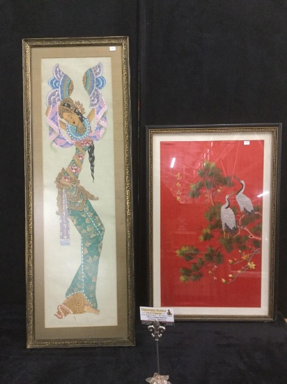 Set of 2 vintage fabric & stitched art pieces - dancer & 2 herons