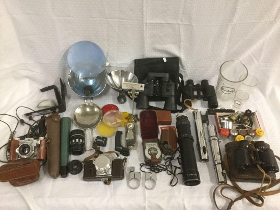 Large vintage camera equip. & more incl cameras, lens, spotting scope, binoculars, etc