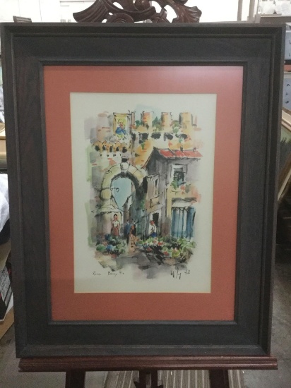 Framed Italian town print by Roma Borgo Pio - pastel color scheme