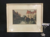Vintage wood framed European town scene print by William Leer - signed & titled