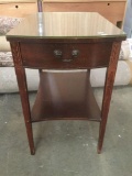Vintage mahogany Mersman glass top curved drawers end table