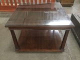 Vintage Brandt mahogany & glass top side table on wheels with open lower shelf