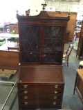 Antique mahogany inlayed secretary desk hutch by Johnson co. furn. co w/ brass toppers - good cond