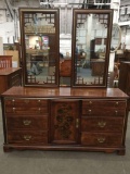 Bassett asian mid century influenced late 60's double mirrored long dresser w/ floral print front