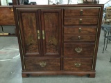 Bassett stork print front asian mid century tall dresser/ wardrobe with marbled wood grain stain