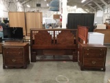 Bassett asian mid century style headboard & 2 nightstands -matches previous 2 lots