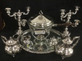 10pc. silverplate tea service, platter and chafer set w/ candlesticks