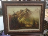 Vintage framed original mountain wilderness scene oil painting in frame signed Henne