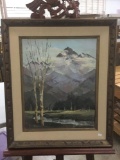 Vintage wood framed original mountain scene oil painting signed Vollmer