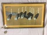 Framed and matted Asian crane scene print