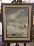 Vintage wood framed original charcoal drawing signed by famous Alaskan artist Norman Lowell 1971