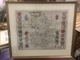 Antique framed map print of Cambridge Shire adorned w/ many family crests