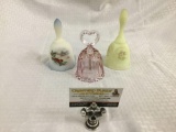 3 vintage decorative glass bells - 2 Fenton frosted glass hand signed bells & pink depression glass