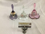 3 Fenton hand painted ruffled edge glass bells w/ floral designs - 2 signed by artist