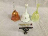 3 painted & (2) signed glass bells - 1 carnival glass, 1 yellow opalescent & 1 cream Fenton bell