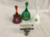 3 painted vintage glass bells - Fenton green bell, ruby bell & milk glass bell - all signed