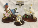 Collection of 3 porcelain bird figures on wood base - marked Andrea