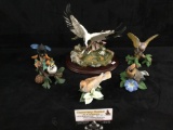 6 Lenox porcelain birds incl. Lily Pond Landing (As is), Female Kinglet, Turtle Dove, Stellars Jay