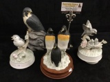 3 vintage musical porcelain bird figurines & 1 wildlife bird figurine - see desc
