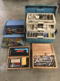 4 tackle/tool boxes w/ screwdrivers, socket set, parts, etc