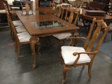 Modern oak clawfoot dining table w/ tiled glass inlay top & 8 chairs w/ vintage styling