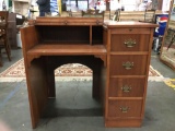 Deco Kneehole Spinet desk w/ 4 drawers, great wood grain, closing top, & pullout tray - unique piece