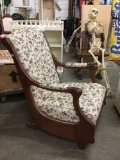 Vintage mid century mahogany rocker w/ sleek detail & more modern floral upholstery