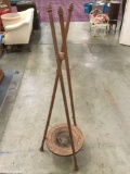 Unique mid century 3 pole wooden plant stand w/ carved base