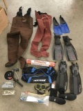 Snorkeling gear lot - 2 wetsuits size medium, 3 flippers, xl boots, googles, Tusa snorkle gear ++