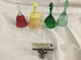 5 vintage glass and crystal decorative bells - 2 Fenton, 1 Hummel & 2 unmarked - see pics