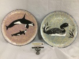 2 painted hanging art plates signed by artist - Common Loon& Killer Whales Alaska plates