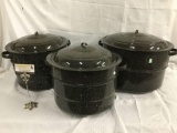 3 speckled enamelware lidded pot set