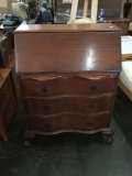 Vintage 40's serpentine front mahogany secretary desk w/ batwing pulls
