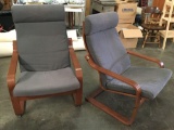 Pair of matching wood stressless style chairs w/ grey form cushion