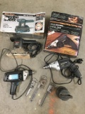 Lot of hand tools incl. Black & Decker finishing sander, drill, 3 wrenches & antique weight