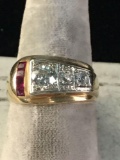 14K gold ring w/ 3 european cut diamonds @ .98 ct and 4 synthetic rubies, size 9 @ 7.2 grams