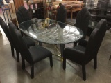 Modern glass top table w/ black/gold panther motif & 6 Montage by Morganton chairs