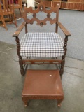 Antique mahogany 1850's-1870's parlor chair w/ modern upholstery & leather top footstool